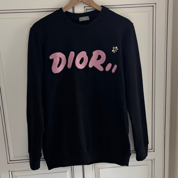Dior x KAWS Bee Spell Out Crewneck Sweatshirt Black Pink Mens/Womens Medium
